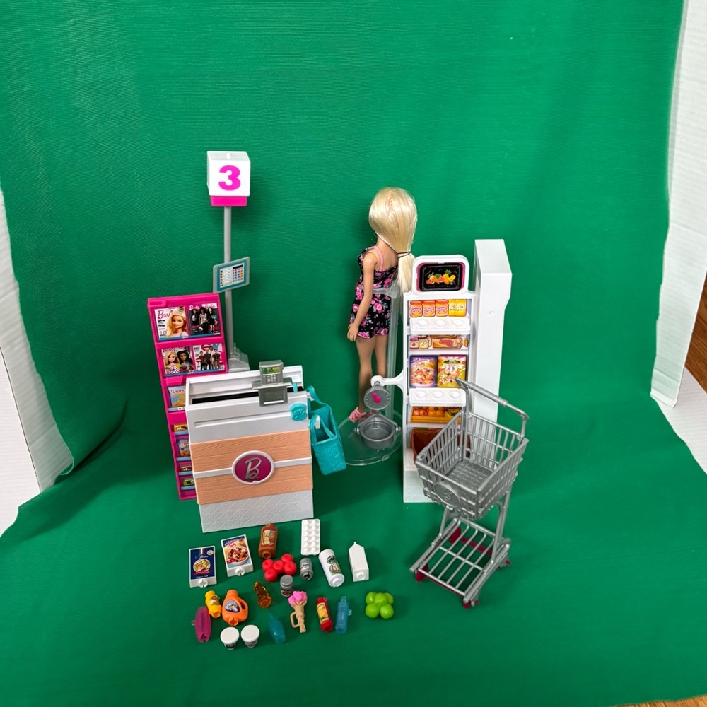 Barbie Supermarket playset Doll Food & Grocery Cart Cash register accessory +